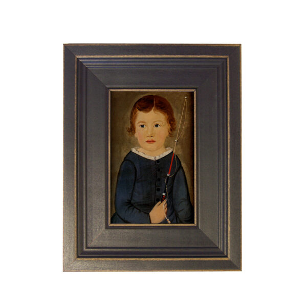 Portrait and Primitive Paintings Early American Boy with Whip Framed Oil Painting Print on Canvas in Distressed Black Wood Frame. A 4 x 6″ framed to 7-1/2 x 9-1/2″.