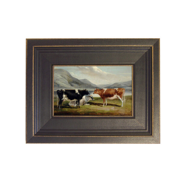 Farm and Pastoral Paintings Farm Three Cows Framed Oil Painting Print on Canvas in Distressed Black Wood Frame. A 4 x 6″ framed to 7-1/2 x 9-1/2″.
