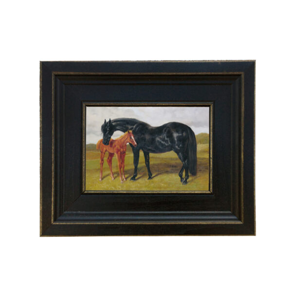 Equestrian Paintings Equestrian Mare and Foal in Landscape Framed Oil Painting Print on Canvas in Distressed Black Wood Frame. A 4″ x 6″ framed to 7-1/2″ x 9-1/2″.