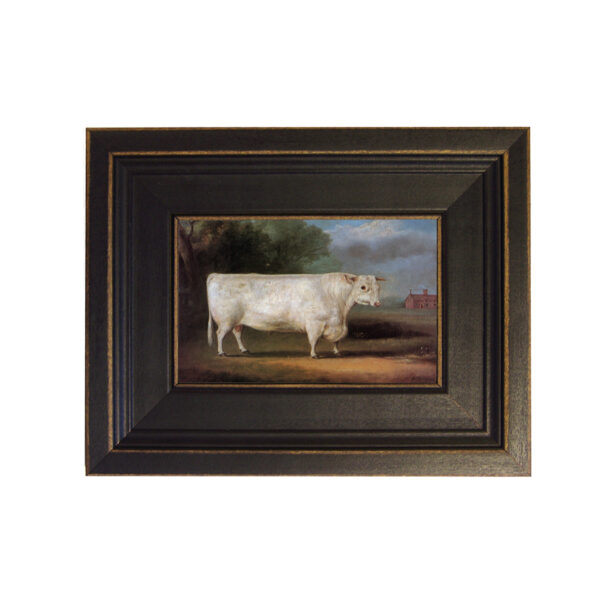 Farm and Pastoral Paintings Farm The Prize Bull Framed Oil Painting Print on Canvas in Distressed Black Wood Frame. A 4 x 6″ framed to 7-1/2 x 9-1/2″.