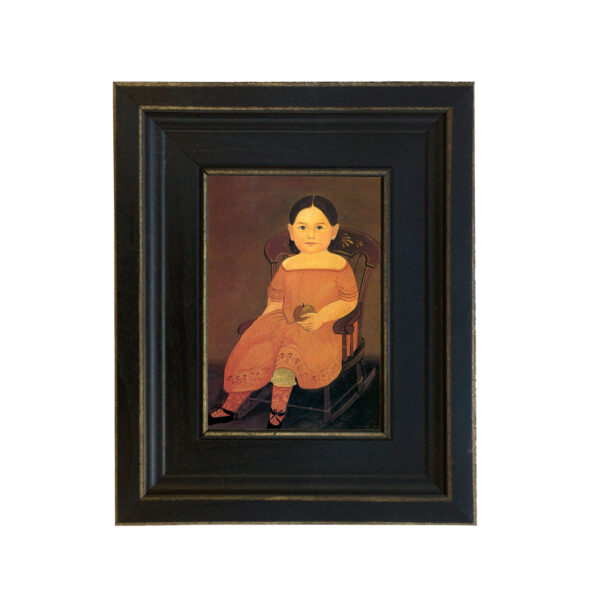 Portrait and Primitive Paintings Early American Girl on Rocker Framed Oil Painting Print on Canvas in Distressed Black Wood Frame. A 4 x 6″ framed to 7-1/2 x 9-1/2″.