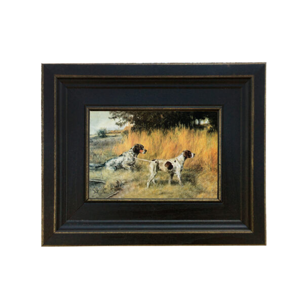 Sporting and Lodge Paintings Equestrian Hunting Dogs On Point Framed Oil Painting Print on Canvas in Distressed Black Wood Frame. A 4″ x 6″ framed to 7-1/2″ x 9-1/2″.