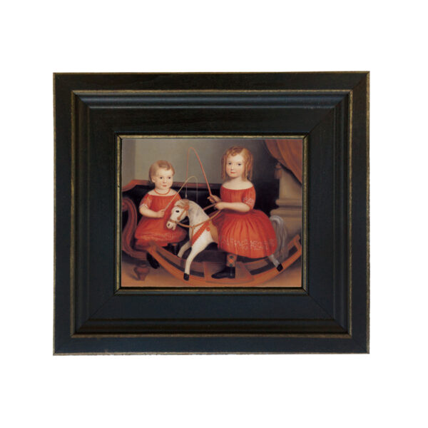 Portrait and Primitive Paintings Early American Two Children in Red Dresses Framed Oil Painting Print on Canvas in Distressed Black Wood Frame. A 5 x 6″ framed to 8-1/2 x 9-1/2″.