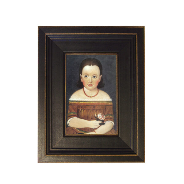 Portrait and Primitive Paintings Early American Girl in Brown Dress Framed Oil Painting Print on Canvas in Distressed Black Wood Frame. A 4 x 6″ framed to 7-1/2 x 9-1/2″.
