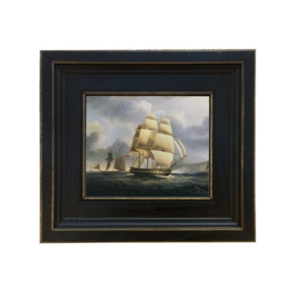 Nautical Paintings Nautical American Frigate in the Channel Framed Oil Painting Print on Canvas in Distressed Black Wood Frame. A 5 x 6″ framed to 8-1/2 x 9-1/2″.