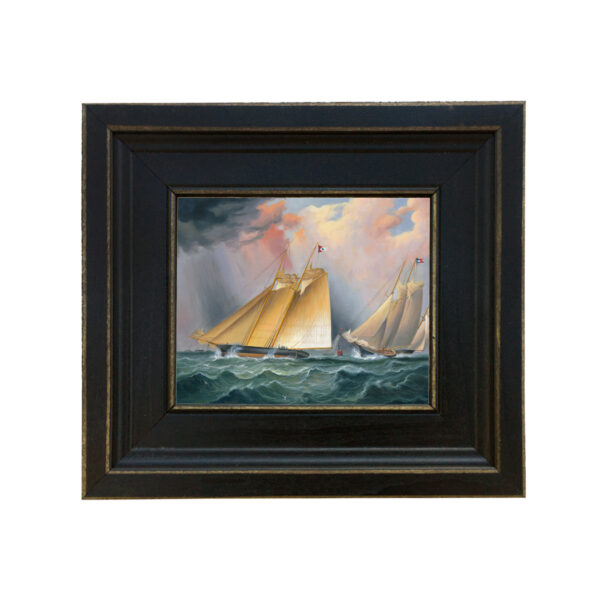 Nautical Paintings Nautical Dauntless and Shappho 1871 Framed Oil Painting Print on Canvas in Distressed Black Wood Frame. A 5 x 6″ framed to 8-1/2 x 9-1/2″.