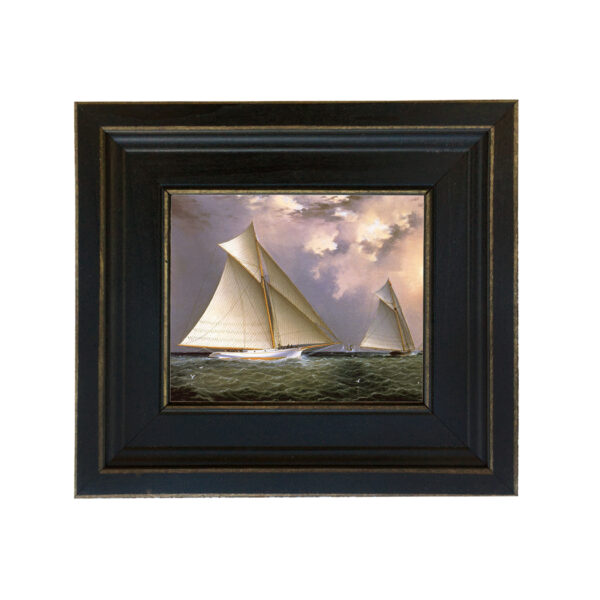 Nautical Nautical Mischief and Gracie 1871 Framed Oil Painting Print on Canvas in Distressed Black Wood Frame. A 5 x 6″ framed to 8-1/2 x 9-1/2″.