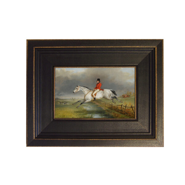 Equestrian Paintings Equestrian Sir Arnold on Hunter Framed Oil Painting Print on Canvas in Distressed Black Wood Frame. A 5 x 6″ framed to 8-1/2 x 9-1/2″.