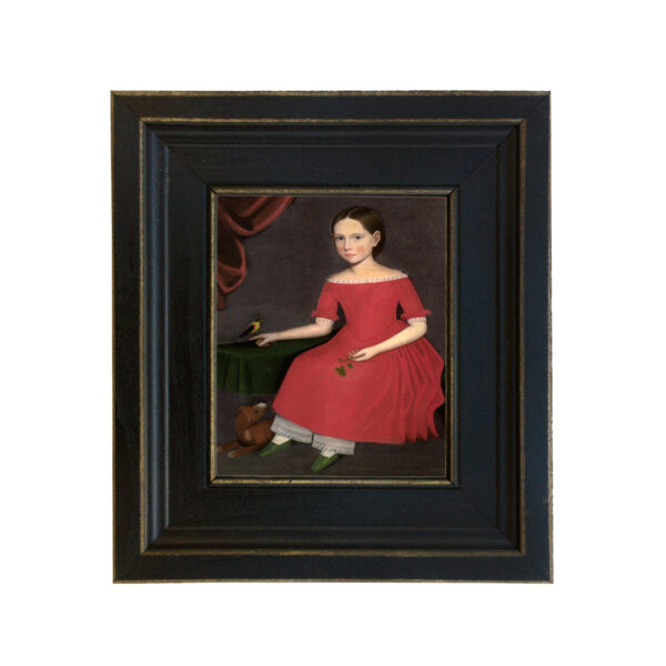 Portrait and Primitive Paintings Early American Girl with Dog and Bird Framed Oil Painting Print on Canvas in Distressed Black Wood Frame. A 5 x 6″ framed to 8-1/2 x 9-1/2″.
