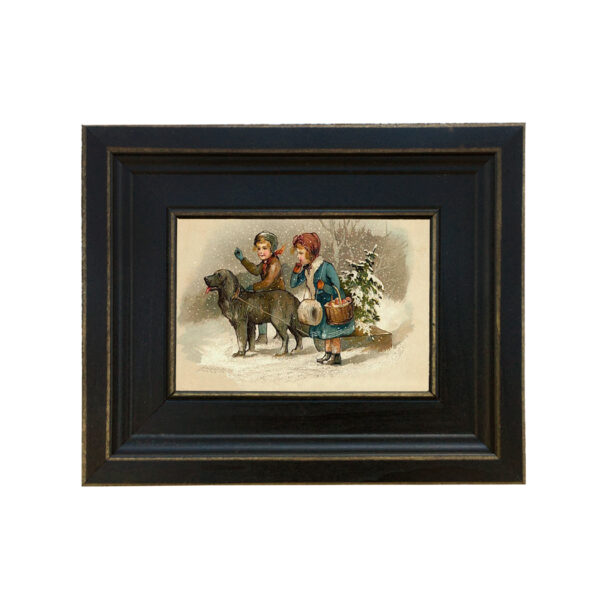 Christmas Decor Children Dog Sled Framed Oil Painting Print on Canvas in Distressed Black Wood Frame. A 4 x 6″ framed to 7-1/2 x 9-1/2″.