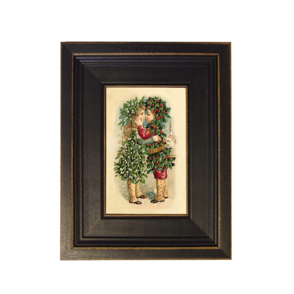 Christmas Decor Children Mistletoe and Holly Christmas Painting Print Reproduction on Canvas in Distressed Black Solid Wood Frame – 7-1/2″ x 9-1/2″ framed size