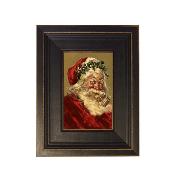 Christmas Decor Christmas Santa with Corncob Pipe Framed Oil Painting Print on Canvas in Distressed Black Wood Frame. A 4 x 6″ framed to 7-1/2 x 9-1/2″.