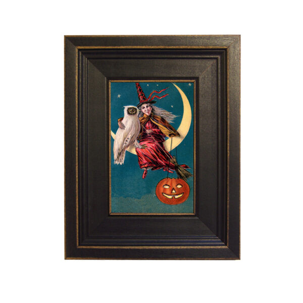 Holiday Paintings Halloween Witch and Owl Framed Oil Painting Print on Canvas in Distressed Black Wood Frame. A 4 x 6″ framed to 7-1/2 x 9-1/2″.