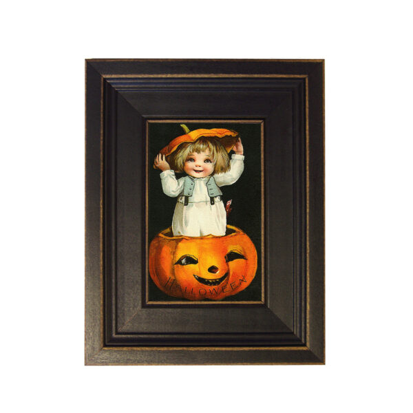 Holiday Paintings Halloween Child in a Pumpkin Framed Oil Painting Print on Canvas in Distressed Black Wood Frame. A 4 x 6″ framed to 7-1/2 x 9-1/2″.