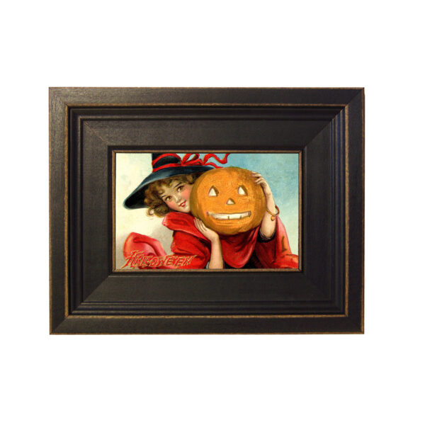 Holiday Paintings Halloween Girl and Pumpkin Framed Oil Painting Print on Canvas in Distressed Black Wood Frame. A 4 x 6″ framed to 7-1/2 x 9-1/2″.
