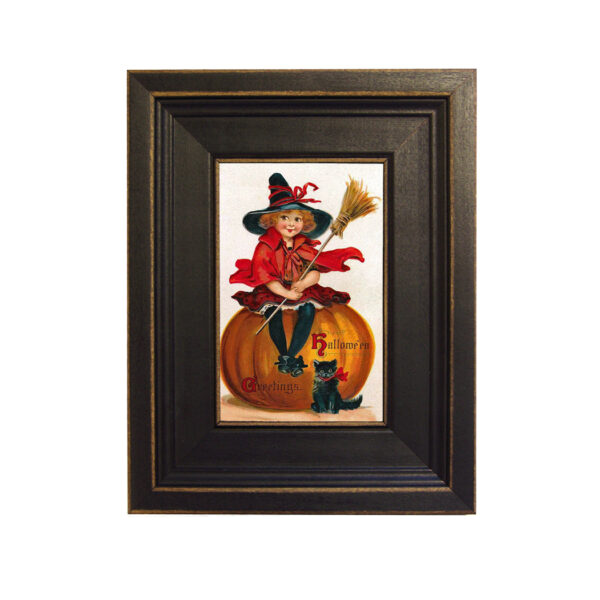 Holiday Paintings Halloween Sitting on a Pumpkin Framed Oil Painting Print on Canvas in Distressed Black Wood Frame. A 4 x 6″ framed to 7-1/2 x 9-1/2″.