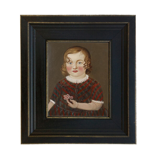 Portrait and Primitive Paintings Early American Girl in Red Dress Painting Reproduction Print on Canvas in Distressed Black Solid Wood Frame. A 5″ x 6″ framed to 8-1/2″ x 9-1/2″.