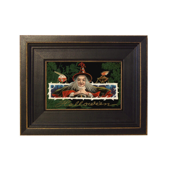 Holiday Paintings Halloween Witch with Burner and Flask Framed Oil Painting Print on Canvas in Distressed Black Wood Frame. A 4 x 6″ framed to 7-1/2 x 9-1/2″.