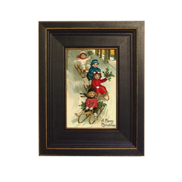 Holiday Paintings Christmas Victorian Children Christmas Sledding Framed Painting Print on Canvas in Distressed Black Wood Frame. A 4 x 6″ framed to 7-1/2 x 9-1/2″.