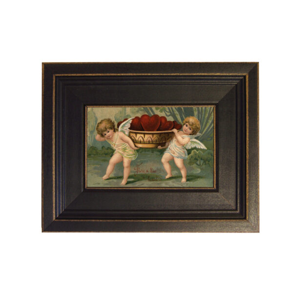 Holiday Paintings Valentines Angels with Bowl of Hearts Valentine’s Framed Oil Painting Print on Canvas in Distressed Black Wood Frame. A 4 x 6″ framed to 7-1/2 x 9-1/2″.