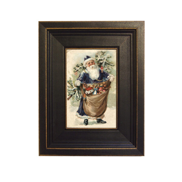 Christmas Decor Christmas Santa with Bag of Toys Framed Oil Painting Print on Canvas in Distressed Black Wood Frame. A 4 x 6″ framed to 7-1/2 x 9-1/2″.