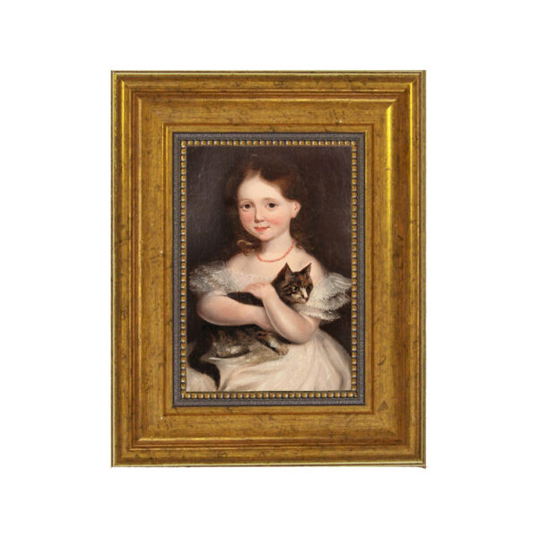 Portrait and Primitive Paintings Early American Girl with Cat Framed Oil Painting Print on Canvas in Antiqued Gold Frame. A 4″ x 6″ framed to 7-1/2″ x 9-1/2″.