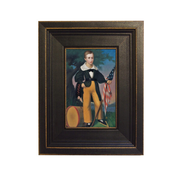 Painting Prints on Canvas Early American Boy with Flag and Drum Framed Oil Painting Print on Canvas in Distressed Black Wood Frame. A 4 x 6″ framed to 7-1/2 x 9-1/2″.