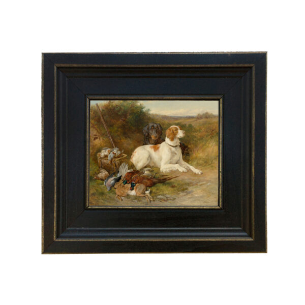 Sporting and Lodge Paintings Lodge Hunting Dogs Framed Oil Painting Print on Canvas in Distressed Black Wood Frame. A 5 x 6″ framed to 8-1/2 x 9-1/2″.