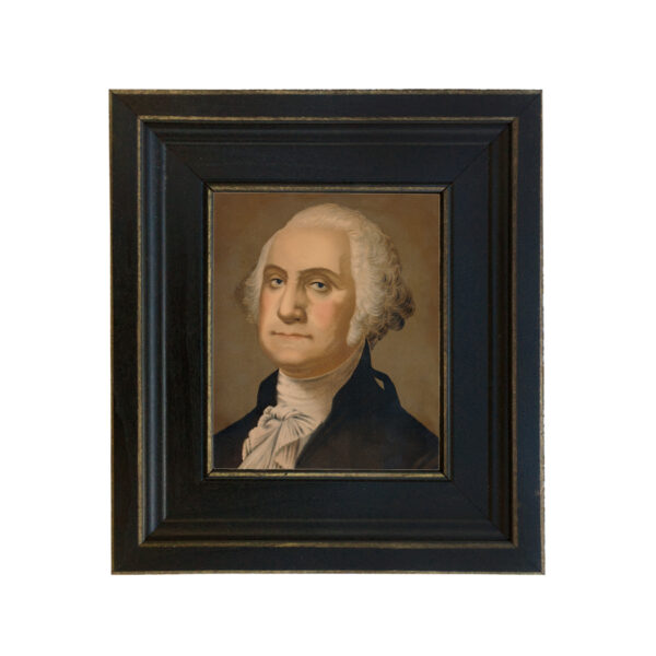 Revolutionary Paintings Revolutionary George Washington Framed Oil Painting Print on Canvas in Distressed Black Wood Frame. A 5 x 6″ framed to 8-1/2 x 9-1/2″.