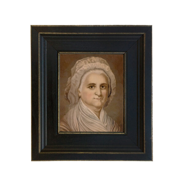 Revolutionary Paintings Revolutionary Martha Washington Framed Oil Painting Print on Canvas in Distressed Black Wood Frame. A 5 x 6″ framed to 8-1/2 x 9-1/2″.