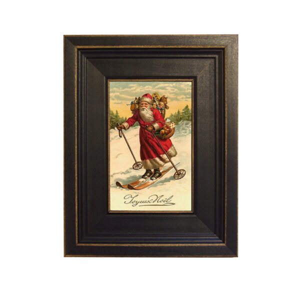 Christmas Decor Christmas Santa on Skis Framed Oil Painting Print on Canvas in Distressed Black Wood Frame. A 4 x 6″ framed to 7-1/2 x 9-1/2″.