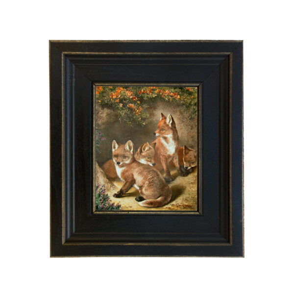 Equestrian/Fox Equestrian Four Young Foxes Framed Oil Painting Print on Canvas in Distressed Black Wood Frame