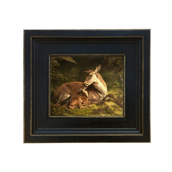 Cabin/Lodge Lodge Doe and Fawn Framed Oil Painting Print on Canvas in Distressed Black Wood Frame. A 5 x 6″ framed to 8-1/2 x 9-1/2″.