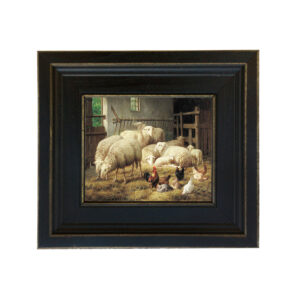 Farm/Pastoral Farm Sheep and Chickens Framed Oil Painting Print on Canvas in Distressed Black Wood Frame