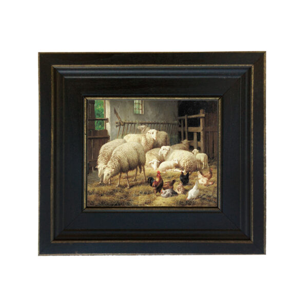 Farm and Pastoral Paintings Farm Sheep and Chickens Framed Oil Painting Print on Canvas in Distressed Black Wood Frame. A 5 x 6″ framed to 8-1/2 x 9-1/2″.