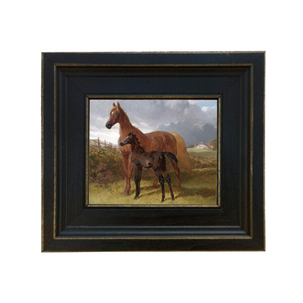 Equestrian/Fox Equestrian Mare and Foal Framed Oil Painting Print on Canvas in Distressed Black Wood Frame. A 5 x 6″ framed to 8-1/2 x 9-1/2″.