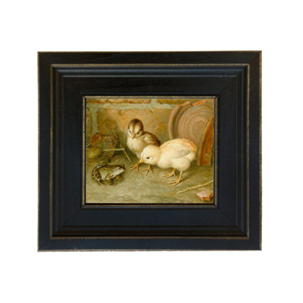 Farm and Pastoral Paintings Farm Chicks and Frog Framed Oil Painting Print on Canvas in Distressed Black Wood Frame. A 5 x 6″ framed to 8-1/2 x 9-1/2″.