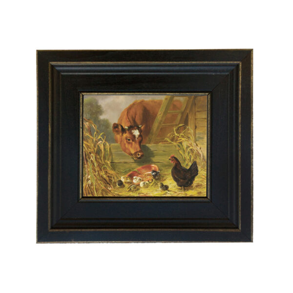 Farm/Pastoral Farm Cow with Chicks Framed Oil Painting Print on Canvas in Distressed Black Wood Frame. A 5″ x 6″ framed to 8-1/2″ x 9-1/2″.