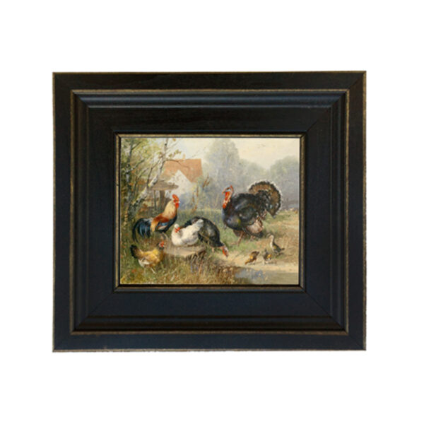 Farm and Pastoral Paintings Farm Turkey and Chickens Framed Oil Painting Print on Canvas in Distressed Black Wood Frame. A 5 x 6″ framed to 8-1/2 x 9-1/2″.