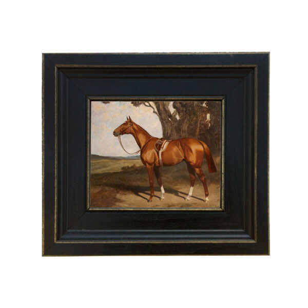 Equestrian Paintings Equestrian Saddled Chestnut Race Horse by Lynwood Palmer Framed Oil Painting Print on Canvas in Distressed Black Wood Frame. A 5 x 6″ framed to 8-1/2 x 9-1/2″.