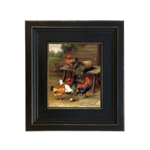 Farm/Pastoral Farm Roosters and Turnips Framed Oil Painting Print on Canvas in Distressed Black Wood Frame. A 5 x 6″ framed to 8-1/2 x 9-1/2″.