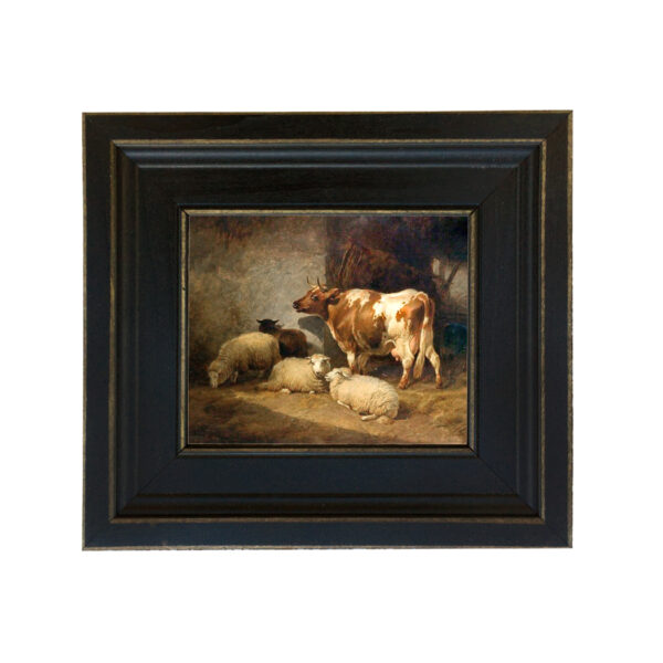 Farm and Pastoral Paintings Farm Cow and Sheep Framed Oil Painting Print on Canvas in Distressed Black Wood Frame. A 5 x 6″ framed to 8-1/2 x 9-1/2″.