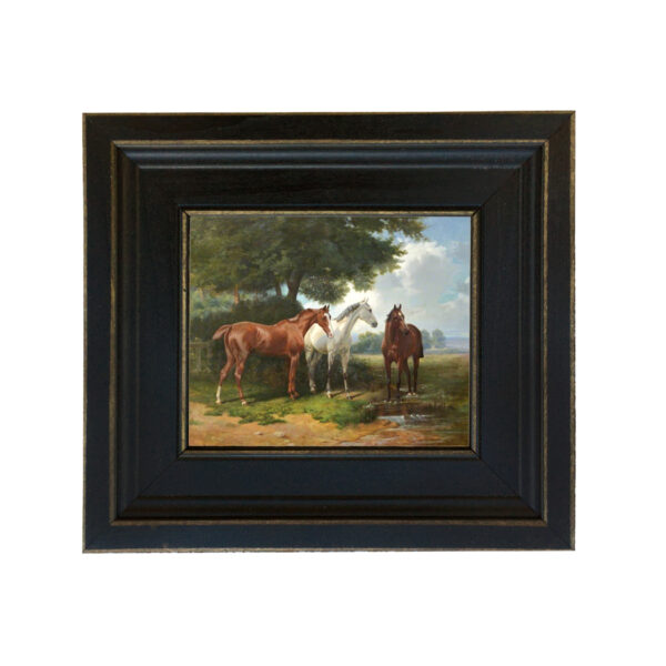 Equestrian Paintings Equestrian Three Horses Framed Oil Painting Print on Canvas in Distressed Black Wood Frame. A 5 x 6″ framed to 8-1/2 x 9-1/2″.