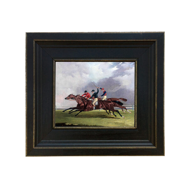 Equestrian Paintings Equestrian Horse Race Framed Oil Painting Print on Canvas in Distressed Black Wood Frame. A 5 x 6″ framed to 8-1/2 x 9-1/2″.