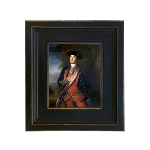 Revolutionary Paintings Revolutionary George Washington during French and Indian War Framed Oil Painting Print on Canvas in Distressed Black Wood Frame. A 5 x 6″ framed to 8-1/2 x 9-1/2″.