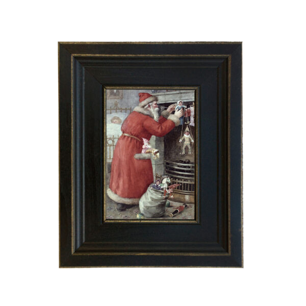 Christmas Decor Christmas Santa Filling Stockings Framed Oil Painting Print on Canvas in Distressed Black Wood Frame. A 4″ x 6″ framed to 7-1/2″ x 9-1/2″.