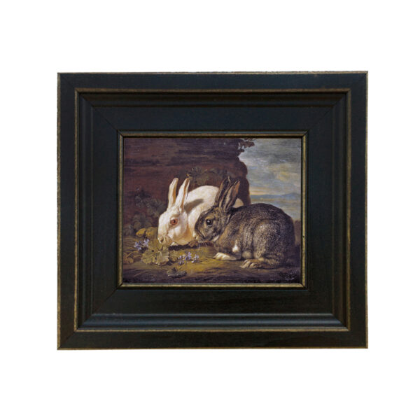 Farm and Pastoral Paintings Farm Pair of Rabbits Framed Oil Painting Print on Canvas in Distressed Black Wood Frame. A 5×6″ framed to 8-1/2″ x 9-1/2″.