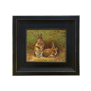 Farm/Pastoral Farm Rabbits Under Cover Oil Painting Print Reproduction on Canvas in Distressed Black Solid Wood Frame. A 5 x 6″ framed to 8-1/2 x 9-1/2″.