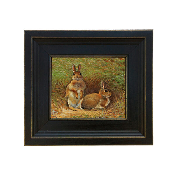 Farm and Pastoral Paintings Farm Rabbits Under Cover Oil Painting Print Reproduction on Canvas in Distressed Black Solid Wood Frame. A 5 x 6″ framed to 8-1/2 x 9-1/2″.