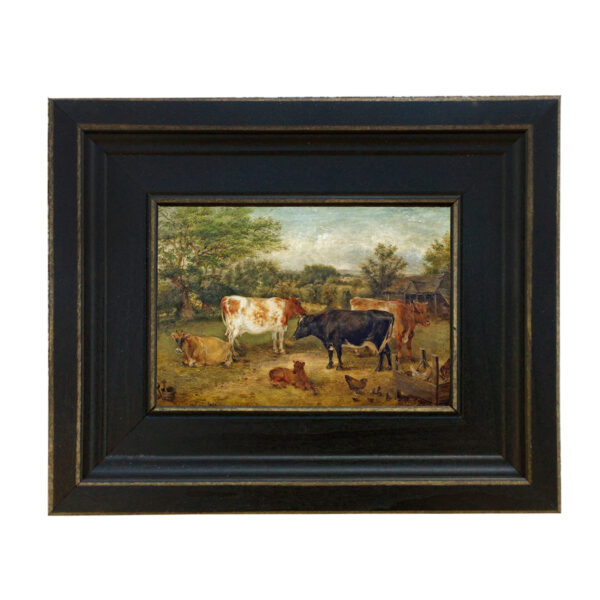Farm and Pastoral Paintings Farm Cows and Chickens In a Meadow Framed Oil Painting Reproduction on Canvas in Distressed Black Solid Wood Frame – 7-1/2″ x 9-1/2″ framed size